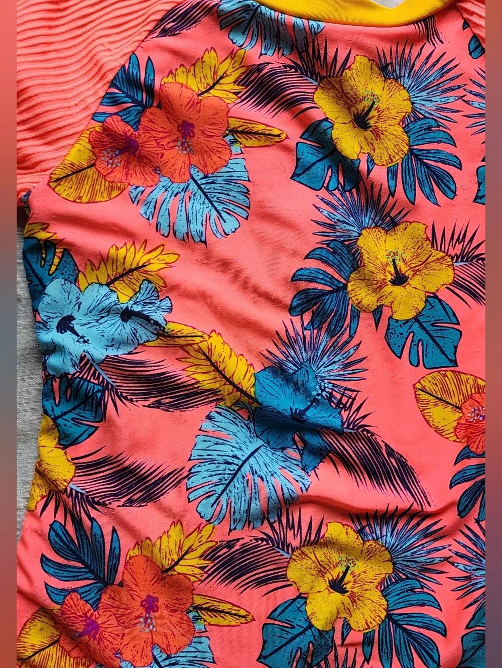 Girls Size 10-12 Swimsuit By Art Class, Bright Floral Print, Snags On Sleeves